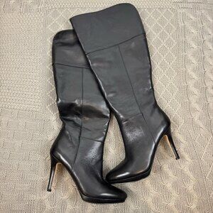 Audrey Brooke Black Knee-High Leather High Heel Platform Wide Calf Boots